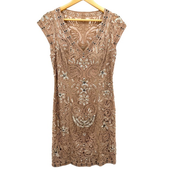 Sue Wong Dresses & Skirts - Sue Wong Nocturne Tan Soutache Sequin Floral V-Neck Cocktail Dress Size 12